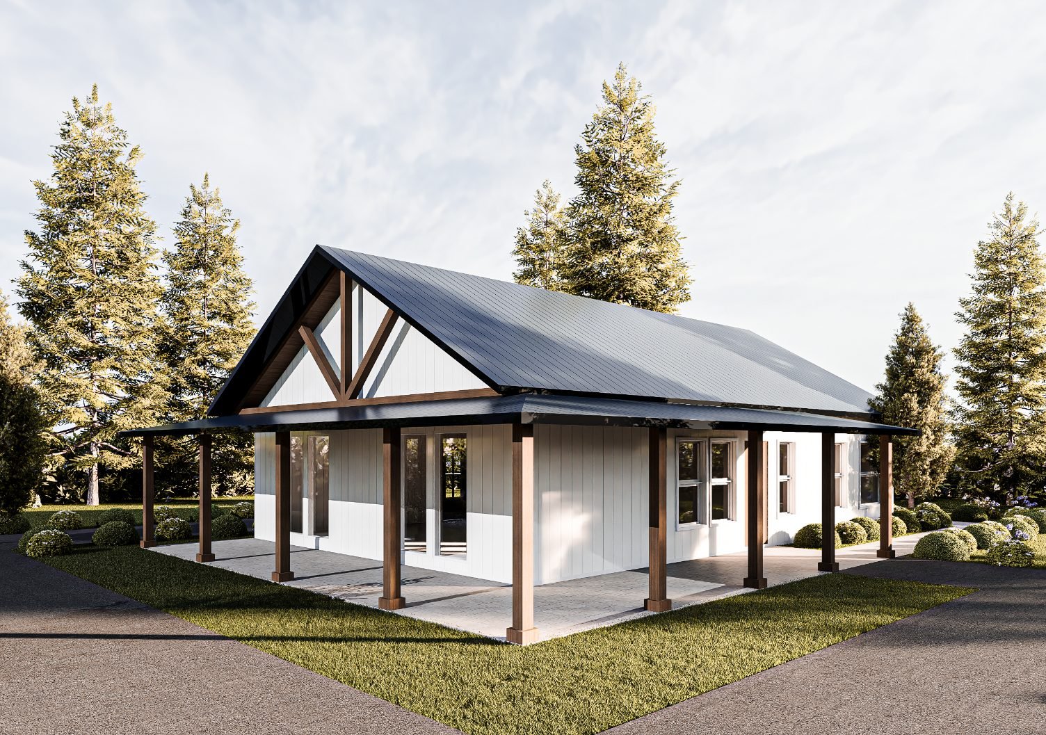 Angled exterior view of a white board-and-batten barndominium with a black standing-seam metal roof and wraparound porch